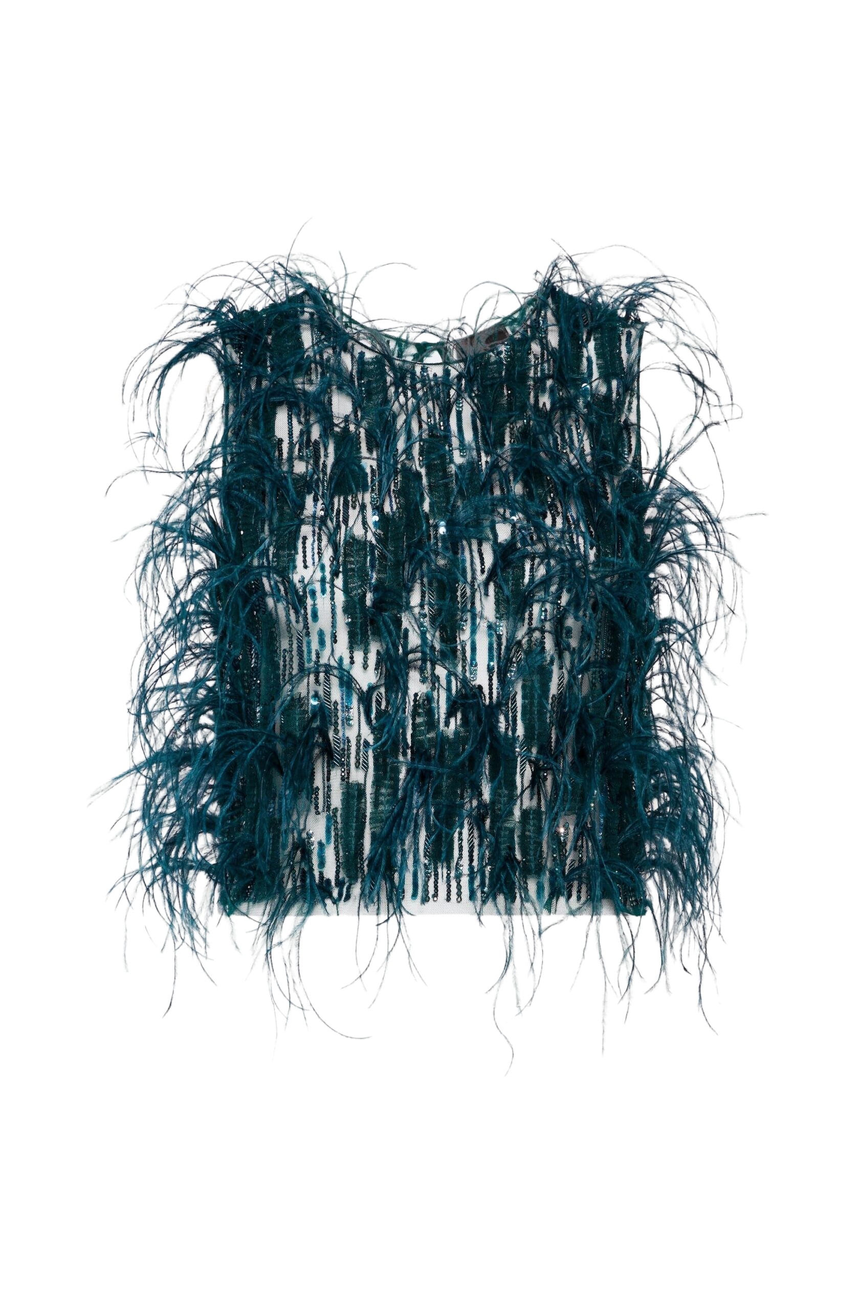 LAPOINTE Cascading Feather Embellished Cropped Tank - Blue Tops - New York Luxury Fashion at Luxury Shoes 