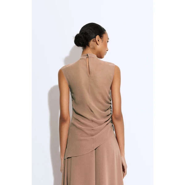 LAPOINTE Lightweight Georgette Mock Neck Ruched Top - Beige Tops - New York Luxury Fashion at Luxury Shoes 