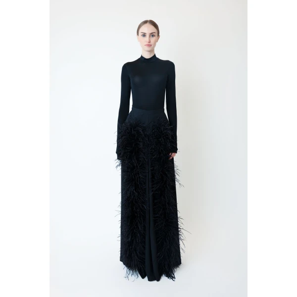 LAPOINTE Lightweight Georgette Wide Leg Pant With Feathers - Black Pants - New York Luxury Fashion at Luxury Shoes 