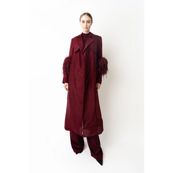 LAPOINTE Organza Sheer Duster With Feathers - Red Coats - New York Luxury Fashion at Luxury Shoes 