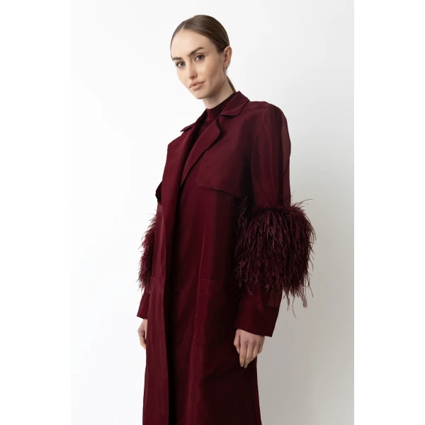 LAPOINTE Organza Sheer Duster With Feathers - Red Coats - New York Luxury Fashion at Luxury Shoes 