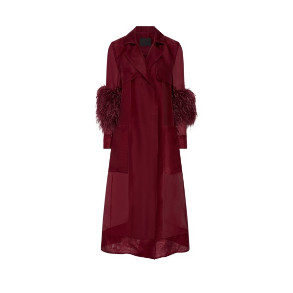 LaPointe Organza Sheer Duster With Feathers Coat