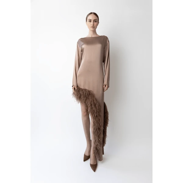 LAPOINTE Satin Asymmetrical Dress With Feathers - Beige Dresses - New York Luxury Fashion at Luxury Shoes 
