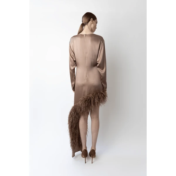 LAPOINTE Satin Asymmetrical Dress With Feathers - Beige Dresses - New York Luxury Fashion at Luxury Shoes 