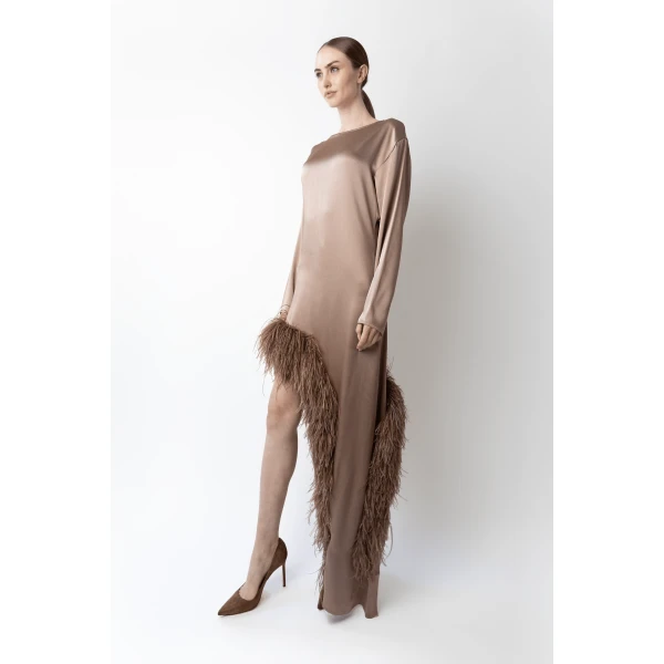 LAPOINTE Satin Asymmetrical Dress With Feathers - Beige Dresses - New York Luxury Fashion at Luxury Shoes 