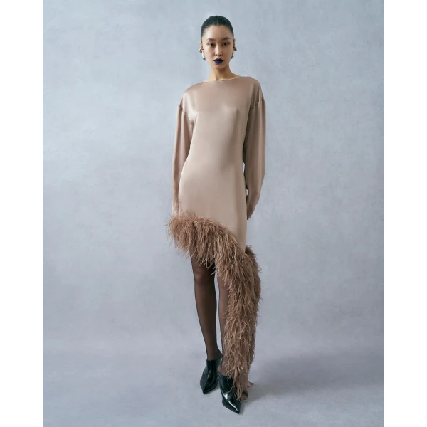 LAPOINTE Satin Asymmetrical Dress With Feathers - Beige Dresses - New York Luxury Fashion at Luxury Shoes 