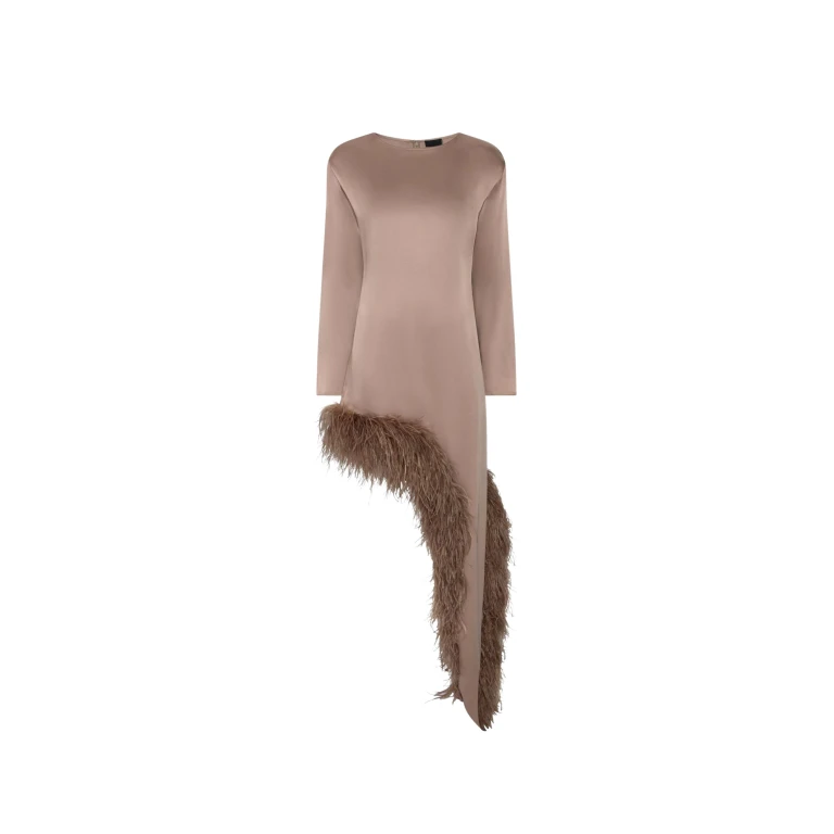 LAPOINTE Satin Asymmetrical Dress With Feathers - Beige Dresses - New York Luxury Fashion at Luxury Shoes 