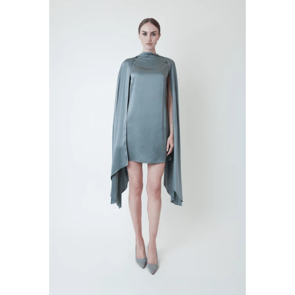 LAPOINTE Satin Cape Sleeve Mini Dress - Blue Dresses - New York Luxury Fashion at Luxury Shoes 