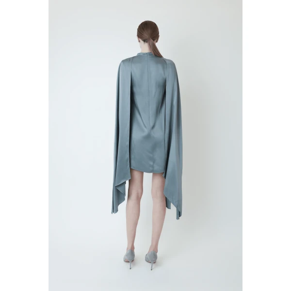 LAPOINTE Satin Cape Sleeve Mini Dress - Blue Dresses - New York Luxury Fashion at Luxury Shoes 