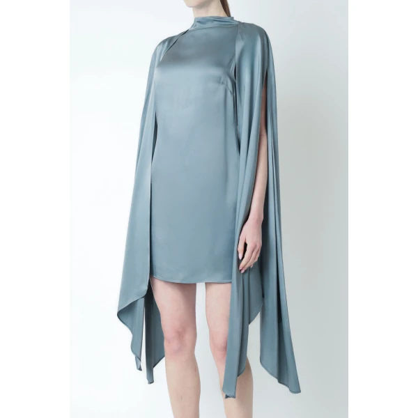 LAPOINTE Satin Cape Sleeve Mini Dress - Blue Dresses - New York Luxury Fashion at Luxury Shoes 