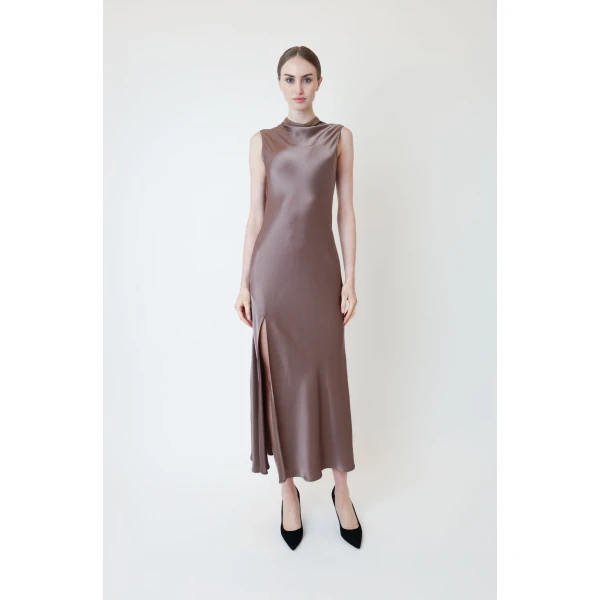 LAPOINTE Satin Drape Neck Sleeveless Gown - Brown Dresses - New York Luxury Fashion at Luxury Shoes 