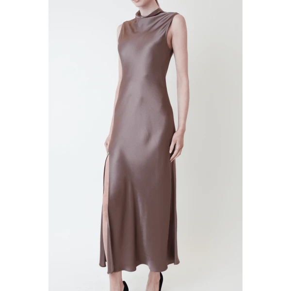 LAPOINTE Satin Drape Neck Sleeveless Gown - Brown Dresses - New York Luxury Fashion at Luxury Shoes 