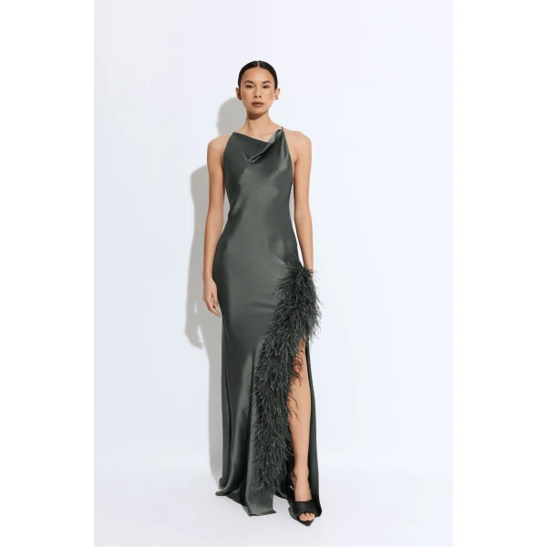 LAPOINTE Satin Halter Gown With Feathers - Green Dresses - New York Luxury Fashion at Luxury Shoes 