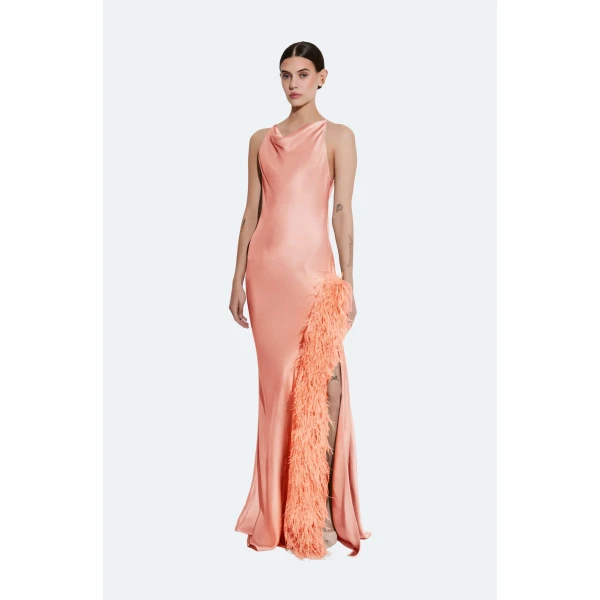 LaPointe Satin Halter Gown With Feathers, view 2