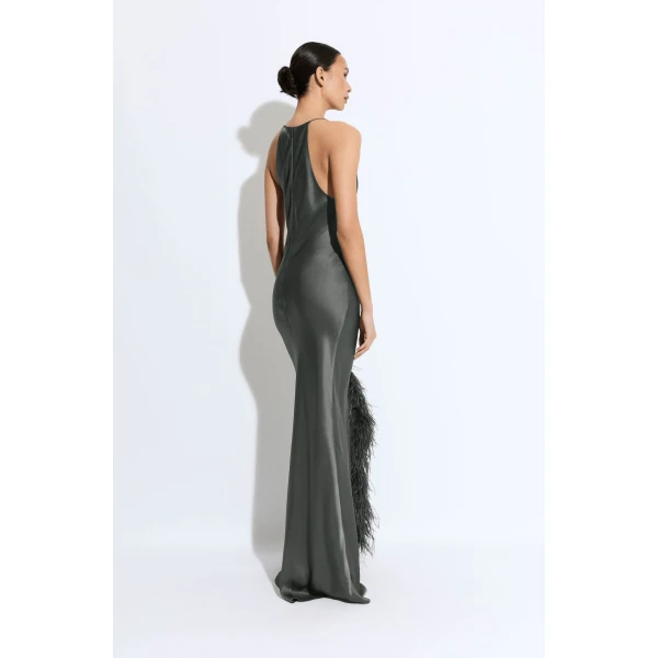 LAPOINTE Satin Halter Gown With Feathers - Green Dresses - New York Luxury Fashion at Luxury Shoes 
