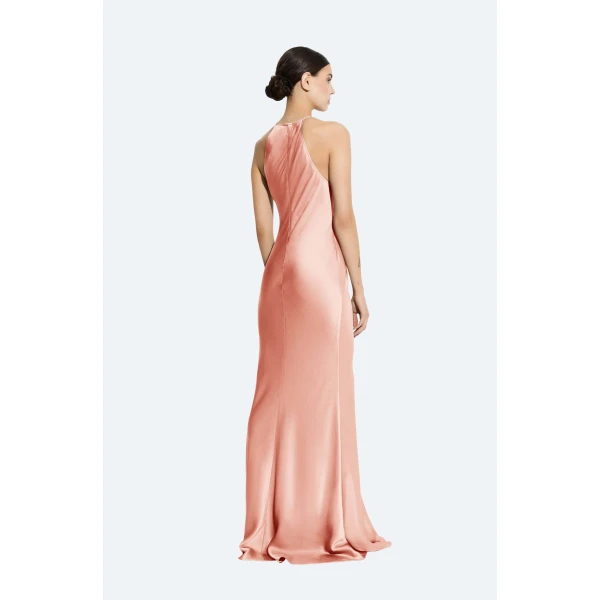 LaPointe Satin Halter Gown With Feathers, view 3