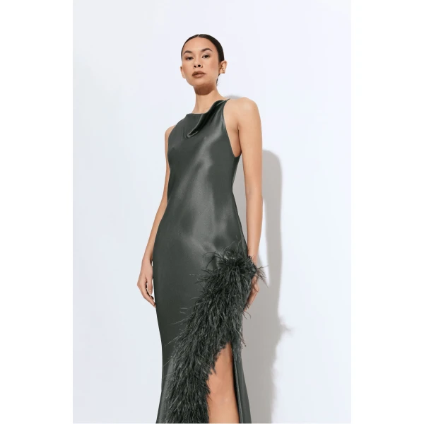 LAPOINTE Satin Halter Gown With Feathers - Green Dresses - New York Luxury Fashion at Luxury Shoes 