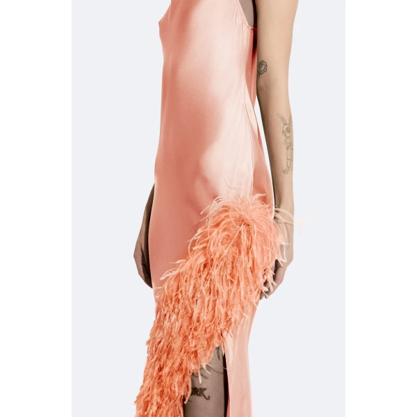 LaPointe Satin Halter Gown With Feathers, view 4
