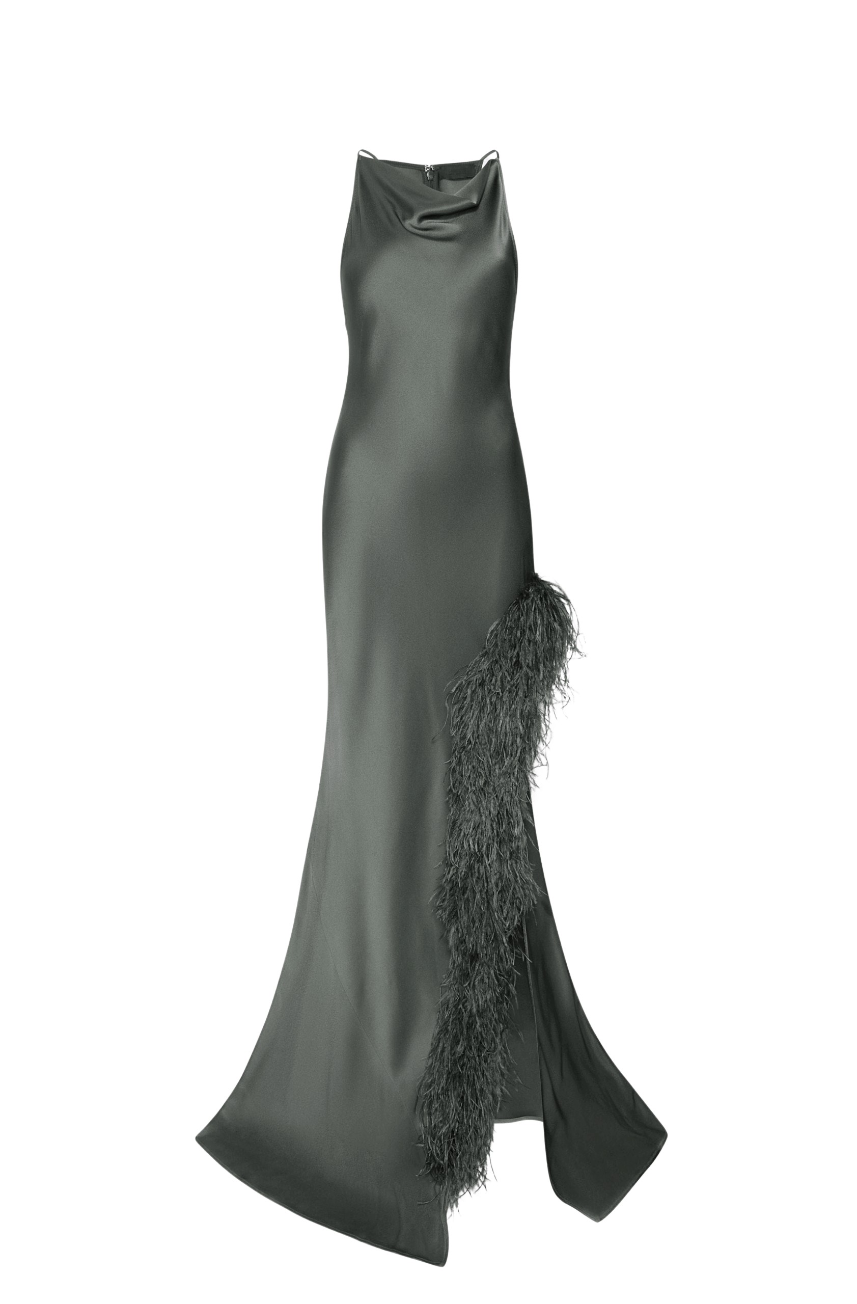 LAPOINTE Satin Halter Gown With Feathers - Green Dresses - New York Luxury Fashion at Luxury Shoes 