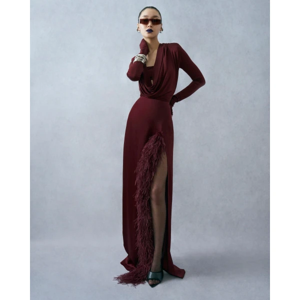 LaPointe Satin High Waist Slit Maxi Skirt With Feathers, view 2