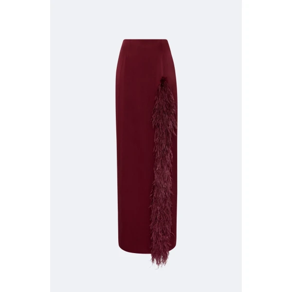 LaPointe Satin High Waist Slit Maxi Skirt With Feathers, view 3