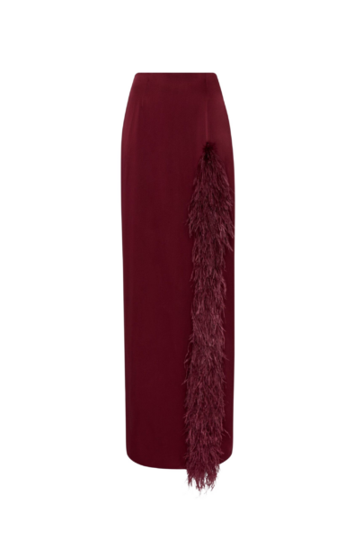 LAPOINTE Satin High Waist Slit Maxi Skirt With Feathers - Red Skirts - New York Luxury Fashion at Luxury Shoes 