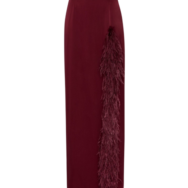 LAPOINTE Satin High Waist Slit Maxi Skirt With Feathers - Red Skirts - New York Luxury Fashion at Luxury Shoes 