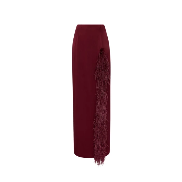 LAPOINTE Satin High Waist Slit Maxi Skirt With Feathers - Red Skirts - New York Luxury Fashion at Luxury Shoes 