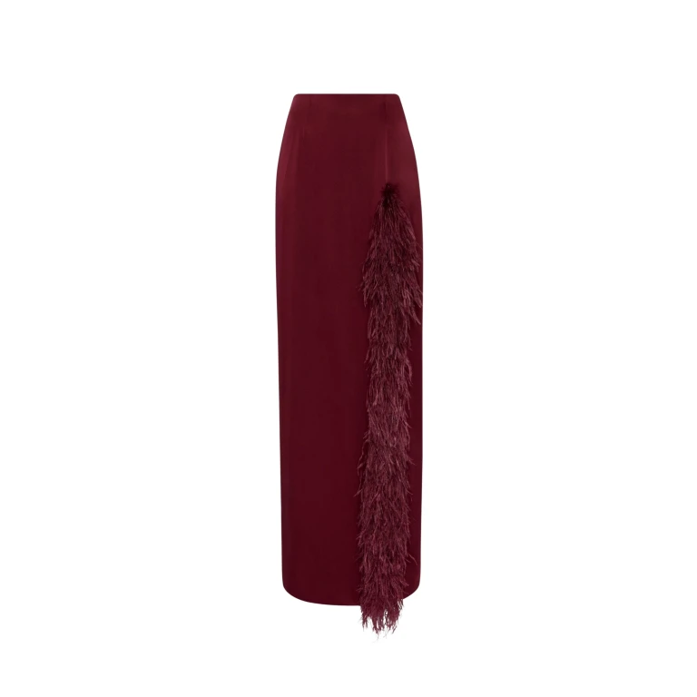 LAPOINTE Satin High Waist Slit Maxi Skirt With Feathers - Red Skirts - New York Luxury Fashion at Luxury Shoes 