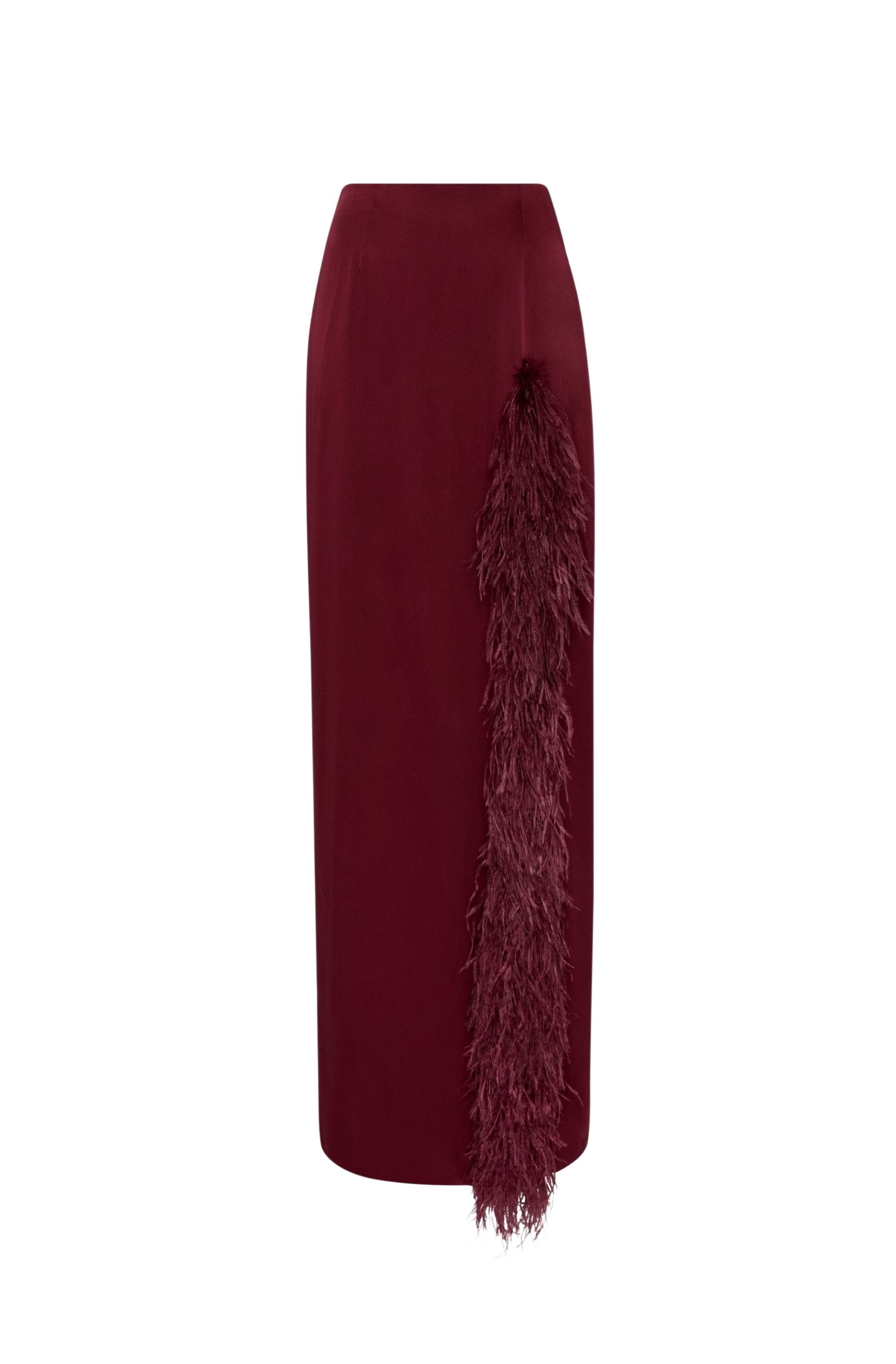 LAPOINTE Satin High Waist Slit Maxi Skirt With Feathers - Red Skirts - New York Luxury Fashion at Luxury Shoes 