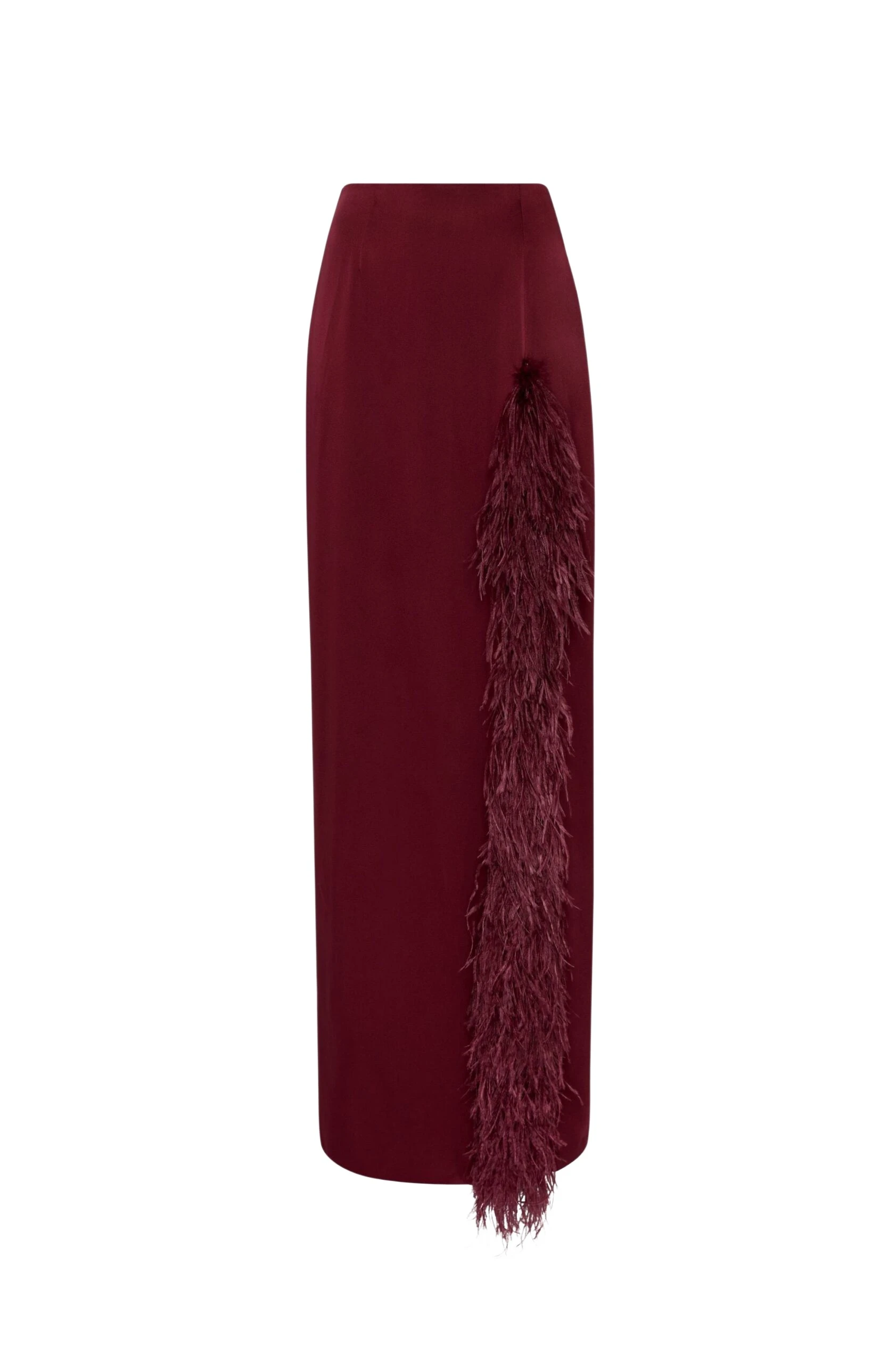 LAPOINTE Satin High Waist Slit Maxi Skirt With Feathers - Red Skirts - New York Luxury Fashion at Luxury Shoes 