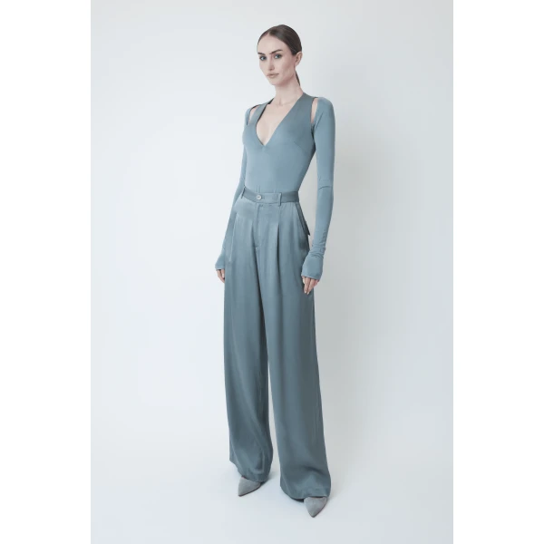 LAPOINTE Satin Relaxed Pleated Pant - Blue Pants - New York Luxury Fashion at Luxury Shoes 