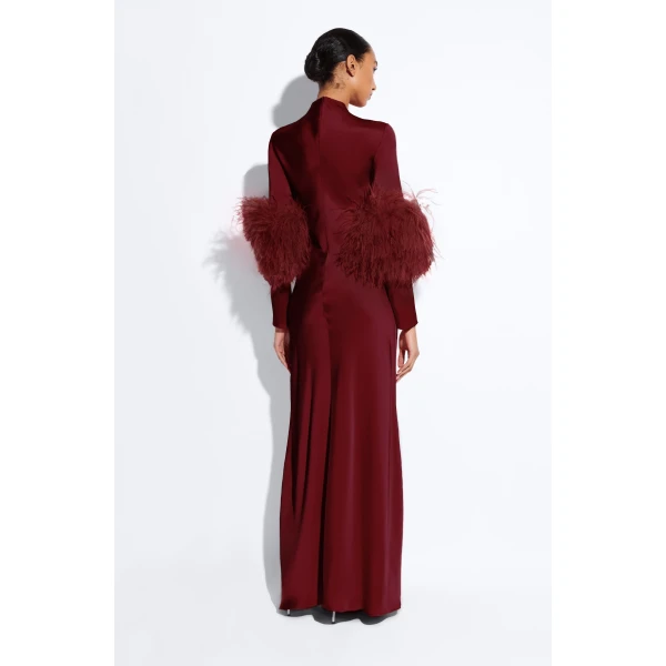 LAPOINTE Satin Tab Gown With Feathers - Red Dresses - New York Luxury Fashion at Luxury Shoes 