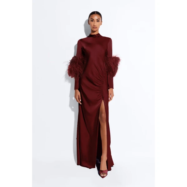 LAPOINTE Satin Tab Gown With Feathers - Red Dresses - New York Luxury Fashion at Luxury Shoes 