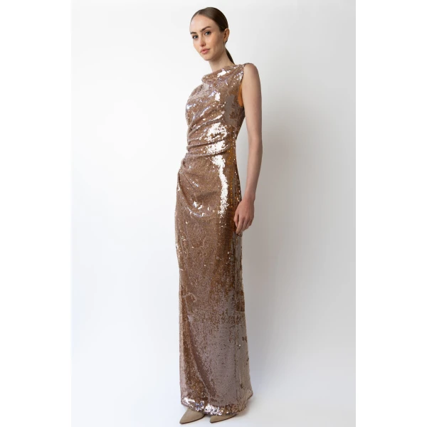 LAPOINTE Sheer Sequin Ruched Gown With Slit - Beige Dresses - New York Luxury Fashion at Luxury Shoes 