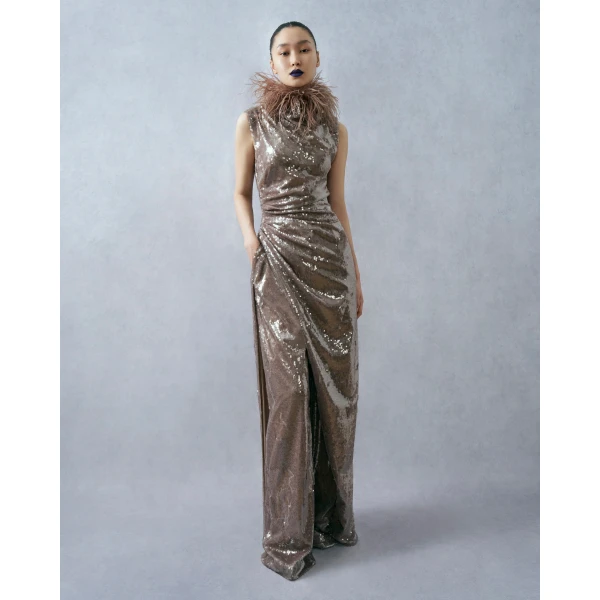 LAPOINTE Sheer Sequin Ruched Gown With Slit - Beige Dresses - New York Luxury Fashion at Luxury Shoes 