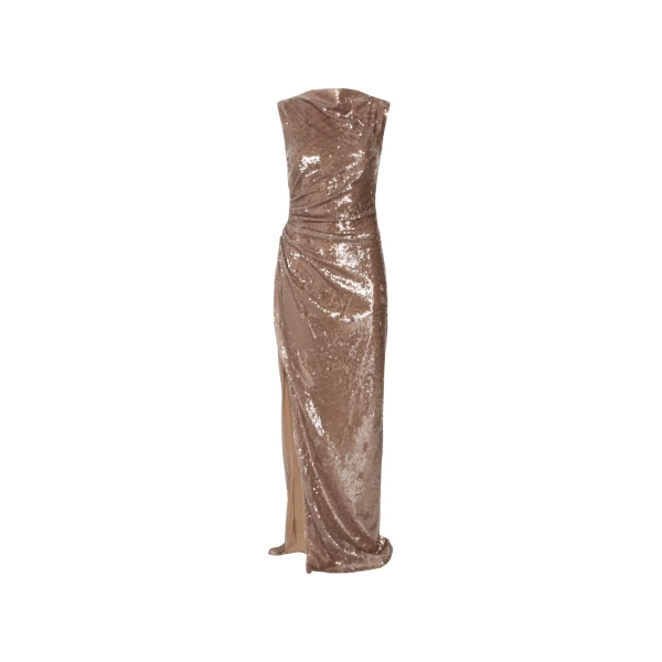 LAPOINTE Sheer Sequin Ruched Gown With Slit - Beige Dresses - New York Luxury Fashion at Luxury Shoes 