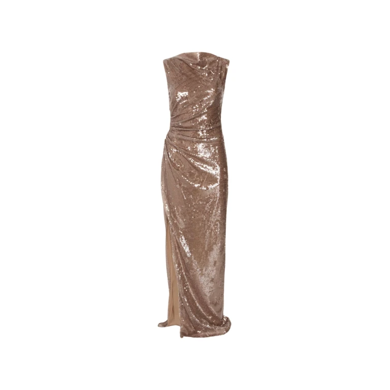 LAPOINTE Sheer Sequin Ruched Gown With Slit - Beige Dresses - New York Luxury Fashion at Luxury Shoes 