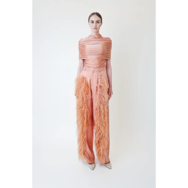 LAPOINTE Silky Twill Relaxed Pleated Pant With Feathers - Pink Pants - New York Luxury Fashion at Luxury Shoes 
