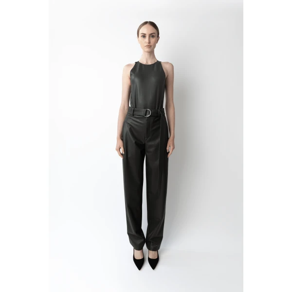LAPOINTE Stretch Faux Leather Belted Tapered Trouser - Green Pants - New York Luxury Fashion at Luxury Shoes 