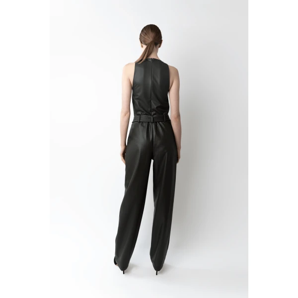 LAPOINTE Stretch Faux Leather Belted Tapered Trouser - Green Pants - New York Luxury Fashion at Luxury Shoes 