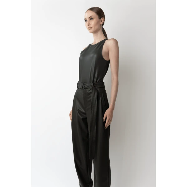 LAPOINTE Stretch Faux Leather Belted Tapered Trouser - Green Pants - New York Luxury Fashion at Luxury Shoes 