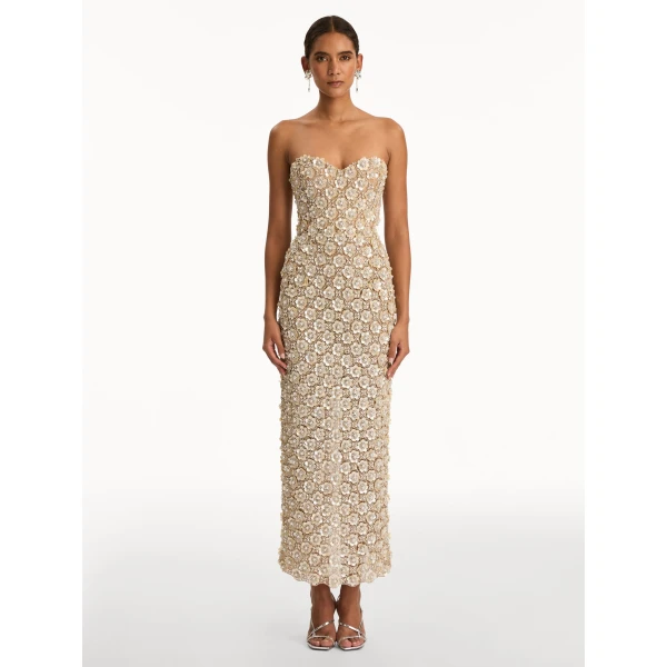 Oscar de la Renta Mother of Pearl Embroidered Column Gown - Dresses - American Luxury Evening Wear at Luxury Shoes 