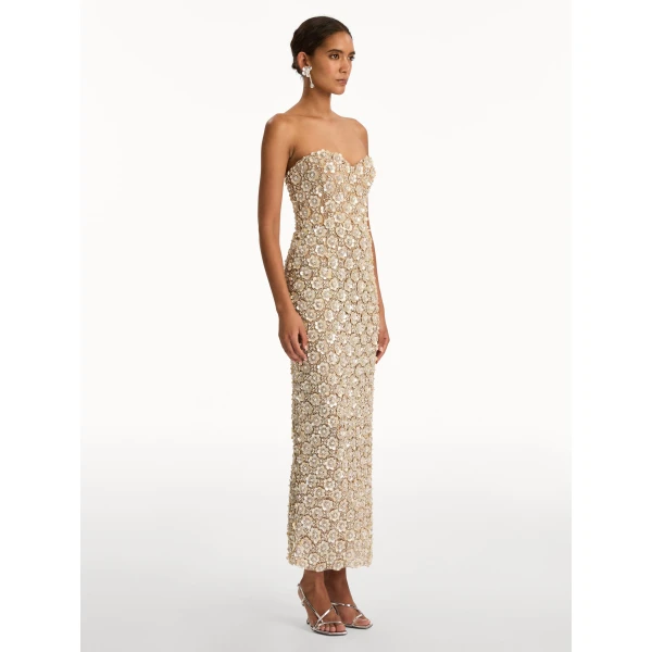 Oscar de la Renta Mother of Pearl Embroidered Column Gown - Dresses - American Luxury Evening Wear at Luxury Shoes 