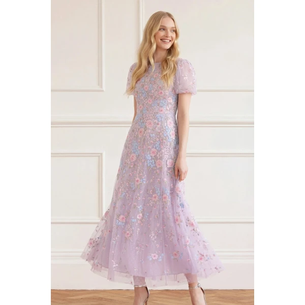 Needle & Thread Peony Bouquet Round Neck Ankle Gown - Clothing - British Luxury Embellished Dress at Luxury Shoes 