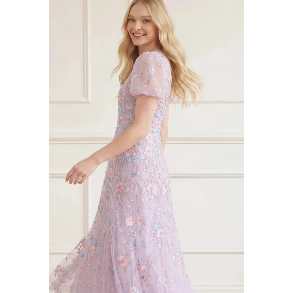 Needle & Thread Peony Bouquet Round Neck Ankle Gown - Clothing - British Luxury Embellished Dress at Luxury Shoes 