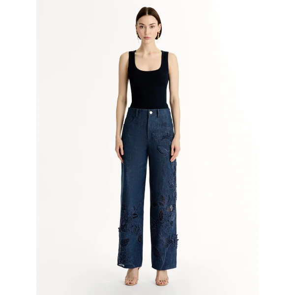 Oscar de la Renta Porcelain Flower Cutout Denim Pant - Pants - American Luxury Evening Wear at Luxury Shoes 