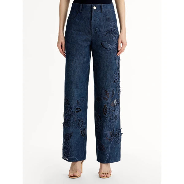 Oscar de la Renta Porcelain Flower Cutout Denim Pant - Pants - American Luxury Evening Wear at Luxury Shoes 