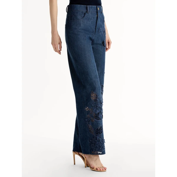 Oscar de la Renta Porcelain Flower Cutout Denim Pant - Pants - American Luxury Evening Wear at Luxury Shoes 