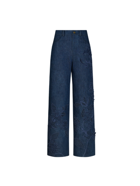Oscar de la Renta Porcelain Flower Cutout Denim Pant - Pants - American Luxury Evening Wear at Luxury Shoes 